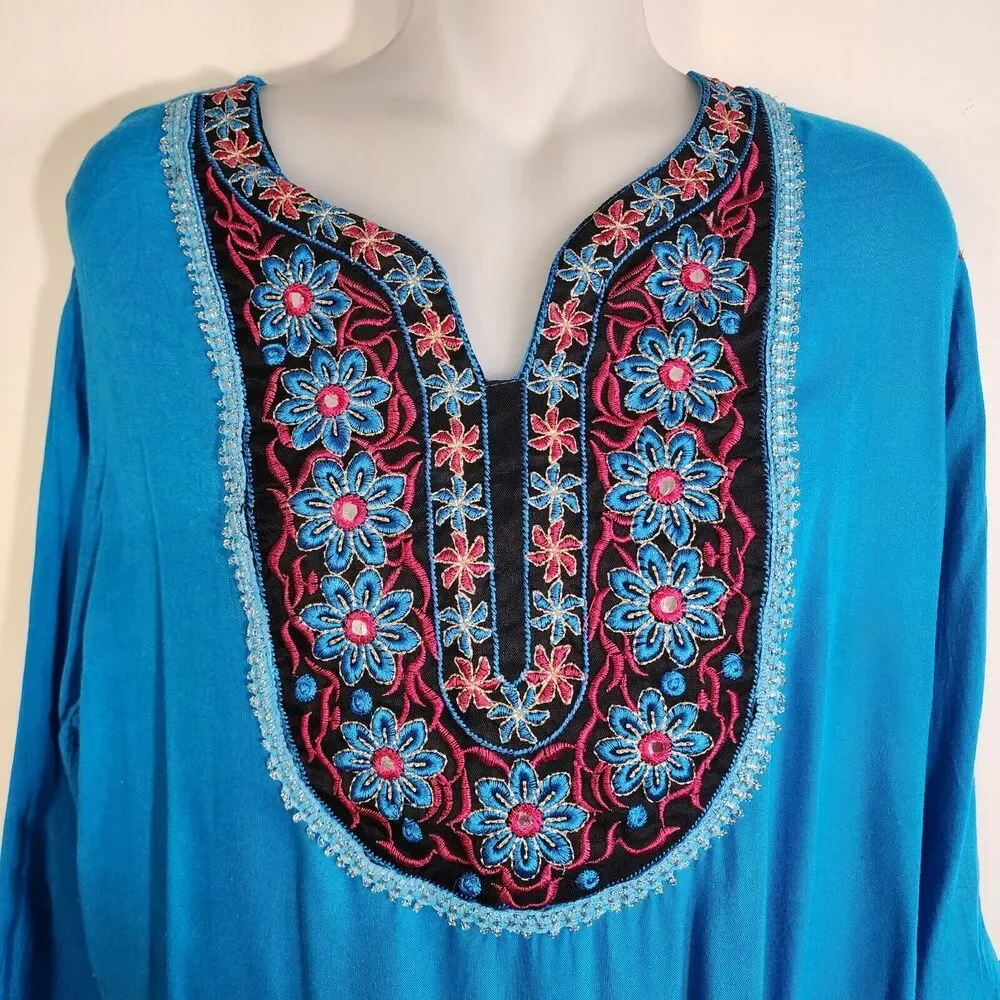 ANJLI Women's Top Size 34 Blue Black Pink Embroidered 3/4 Sleeve Blouse V Neck